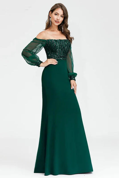 Gorgeous Green Long Sleeve Sequins Prom Dress Mermaid Evening Gowns
