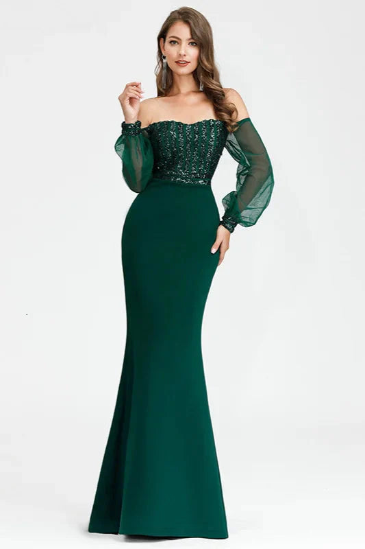 Gorgeous Green Long Sleeve Sequins Prom Dress Mermaid Evening Gowns