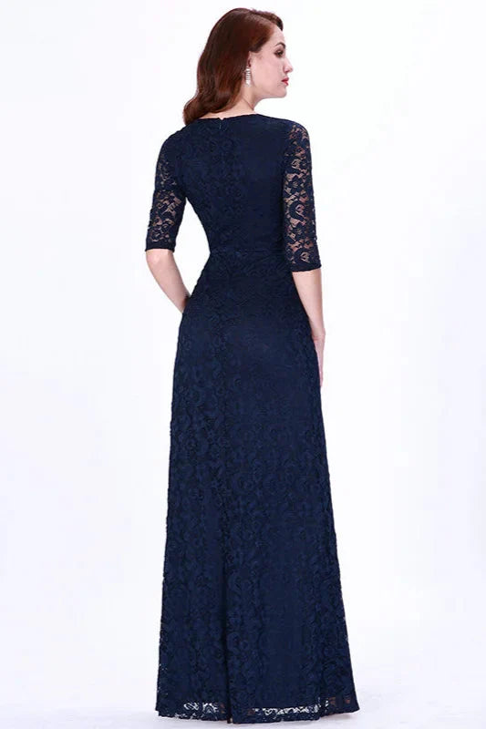 Gorgeous Half-Sleeve Lace Navy Evening Dresses Mermaid Prom Gowns