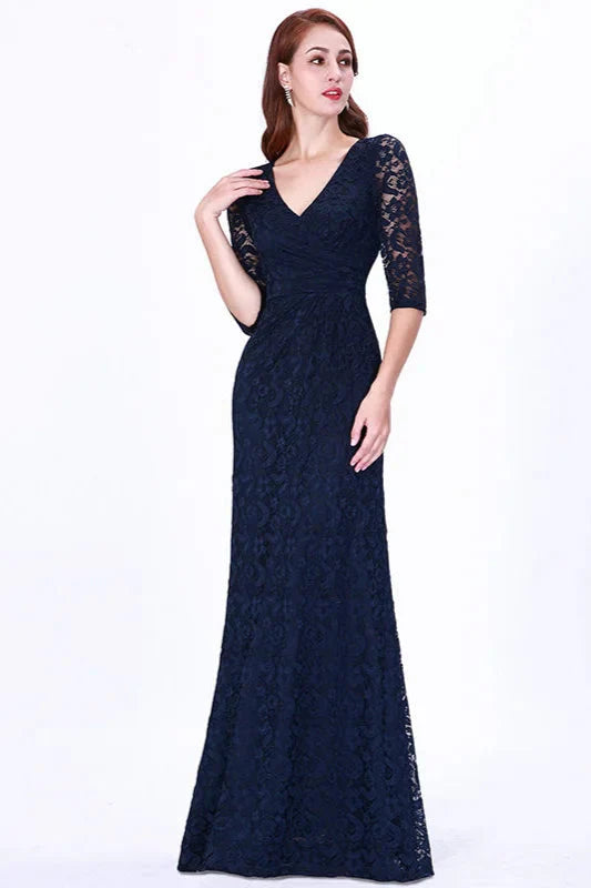 Gorgeous Half-Sleeve Lace Navy Evening Dresses Mermaid Prom Gowns