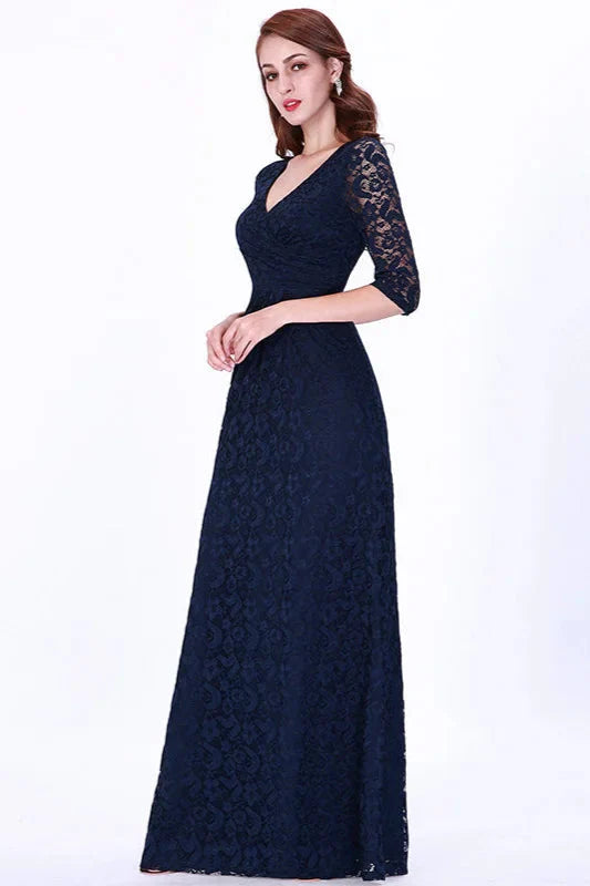 Gorgeous Half-Sleeve Lace Navy Evening Dresses Mermaid Prom Gowns