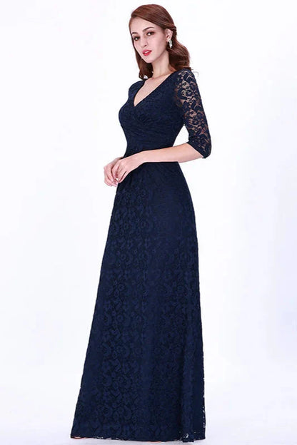 Gorgeous Half-Sleeve Lace Navy Evening Dresses Mermaid Prom Gowns