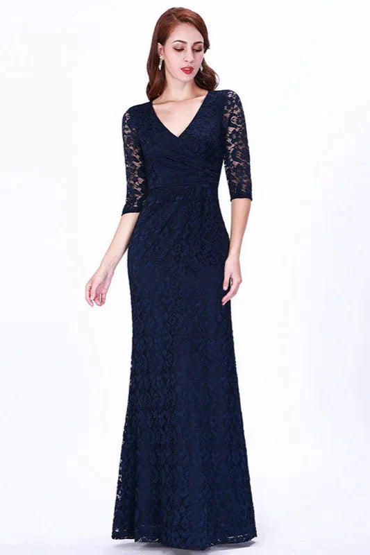 Gorgeous Half-Sleeve Lace Navy Evening Dresses Mermaid Prom Gowns