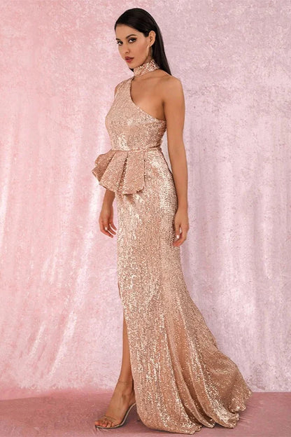 Gorgeous High-Neck One Shoulder Sequins Prom Dress Long Evening Party Gowns With Split