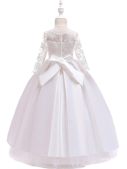 Gorgeous Long Sleeve Jewel Neck Flower Girl Dress with Tulle Satin Crystals and Lace Belt