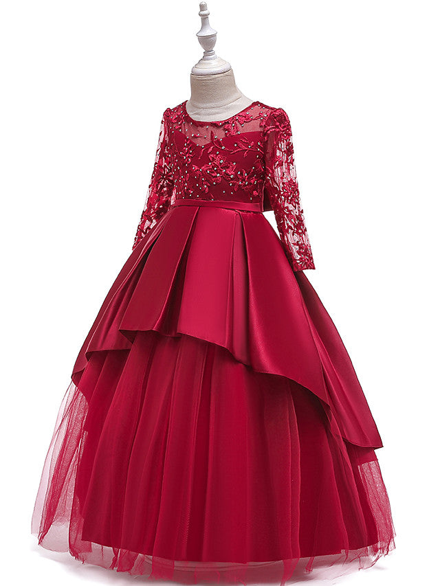 Gorgeous Long Sleeve Jewel Neck Flower Girl Dress with Tulle Satin Crystals and Lace Belt