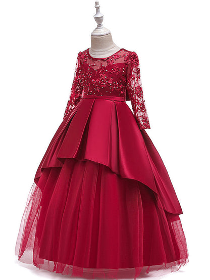 Gorgeous Long Sleeve Jewel Neck Flower Girl Dress with Tulle Satin Crystals and Lace Belt