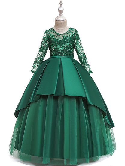 Gorgeous Long Sleeve Jewel Neck Flower Girl Dress with Tulle Satin Crystals and Lace Belt