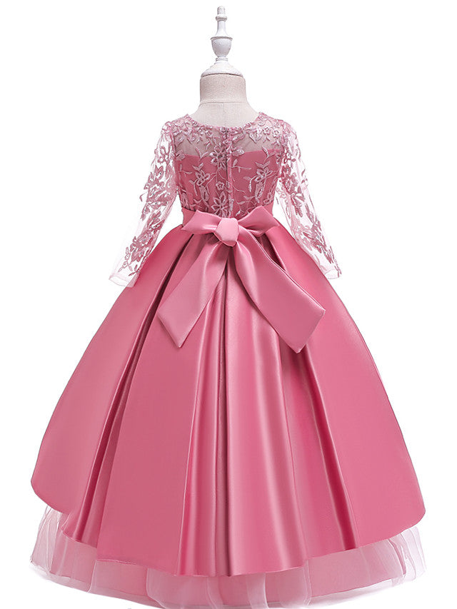 Gorgeous Long Sleeve Jewel Neck Flower Girl Dress with Tulle Satin Crystals and Lace Belt