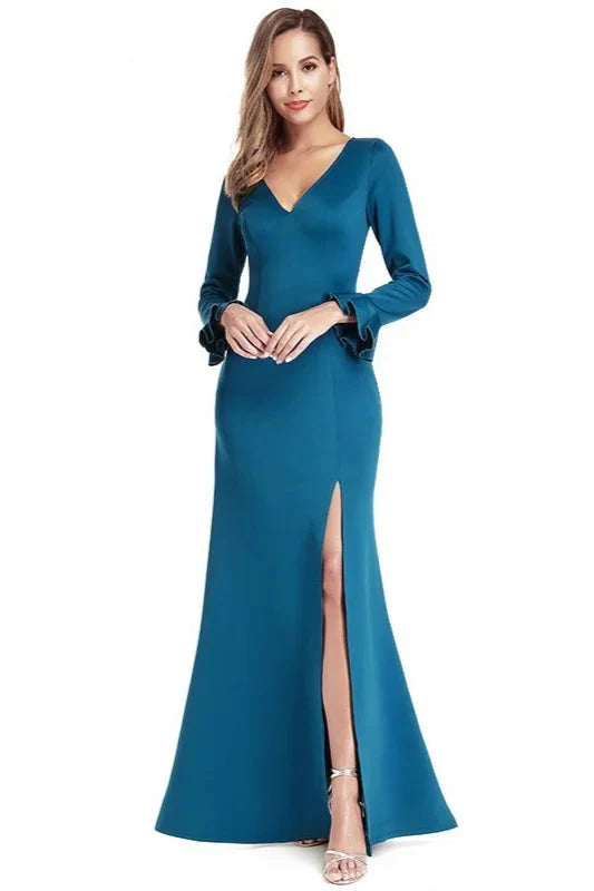Gorgeous Long Sleeve V-Neck Split Evening Prom Dress