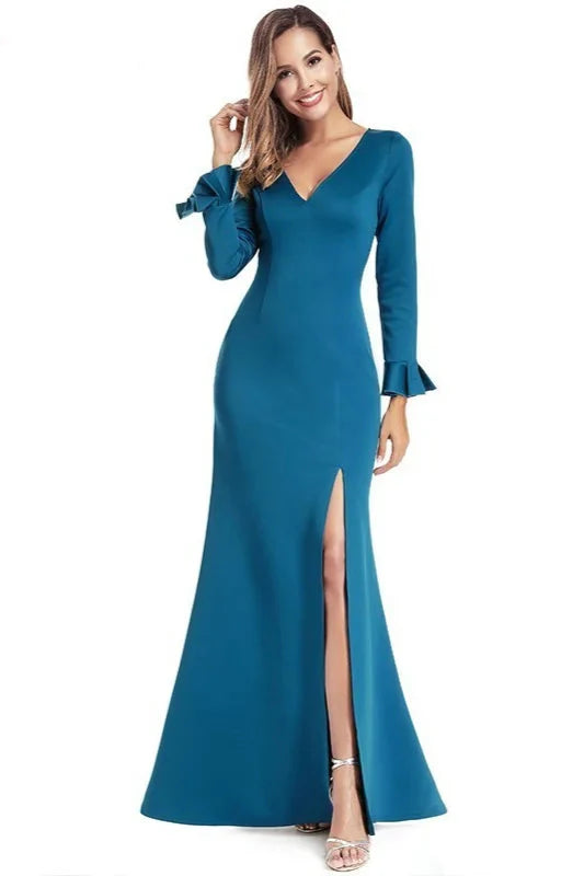 Gorgeous Long Sleeve V-Neck Split Evening Prom Dress