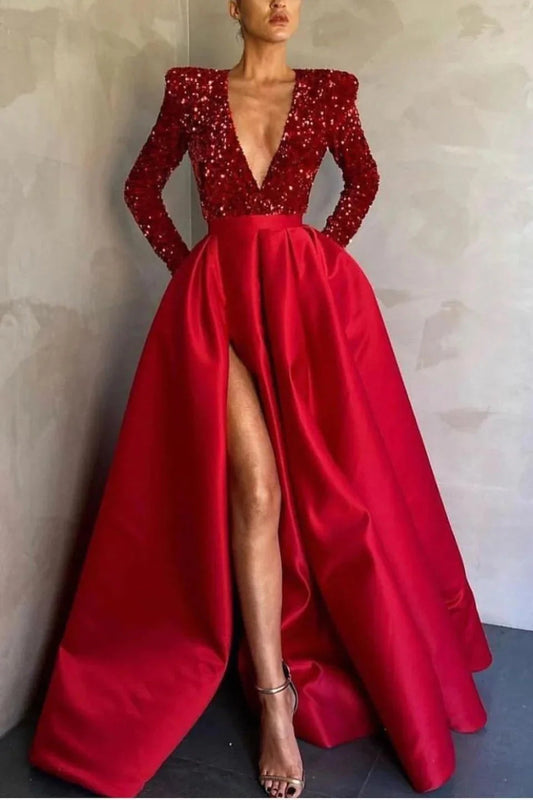 Gorgeous Long Sleeves Deep V-Neck Evening Dress Sequins With Split