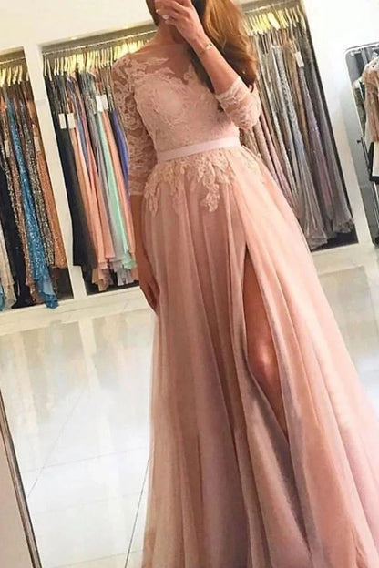 Gorgeous Long Sleeves Lace Tulle Evening Dress Long With Slit