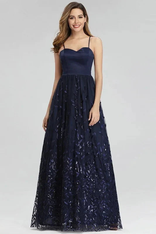 Gorgeous Navy Blue Spaghetti-Straps Evening Gowns Long Sweetheart Prom Dress With Leaves Embelishments