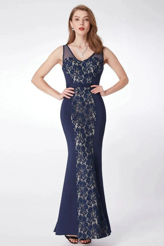 Gorgeous Navy V-Neck Lace Prom Dress Mermaid Long Evening Gowns