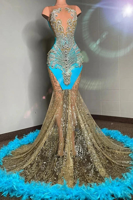 Gorgeous Ocean Blue Mermaid Evening Dress With Crystals Feather