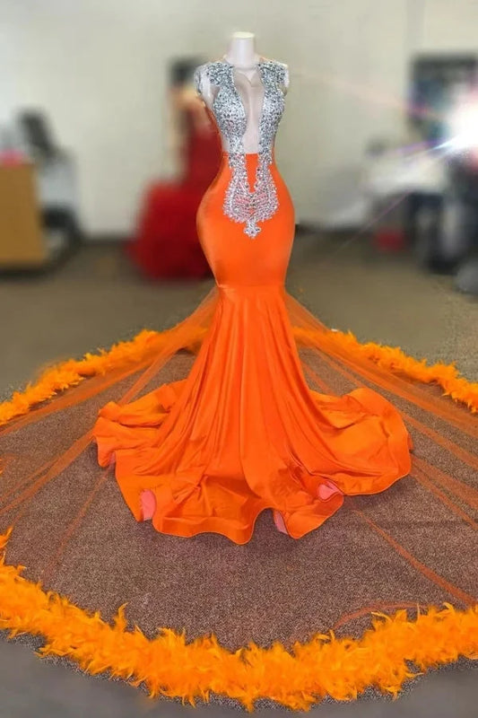 Gorgeous Orange Mermaid Evening Dress Sleeveless With Feather Crystal