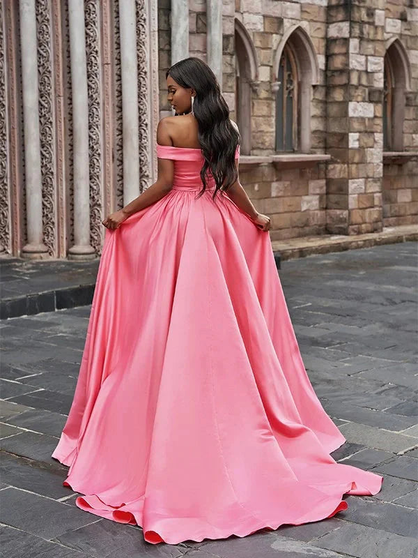 Gorgeous Pink Off-the-Shoulder Long Evening Dress With Split