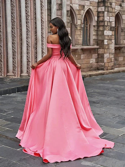 Gorgeous Pink Off-the-Shoulder Long Evening Dress With Split