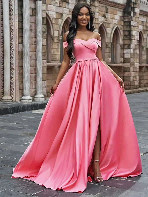 Gorgeous Pink Off-the-Shoulder Long Evening Dress With Split