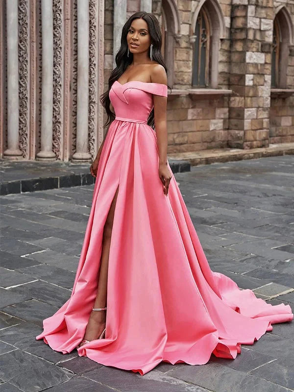 Gorgeous Pink Off-the-Shoulder Long Evening Dress With Split