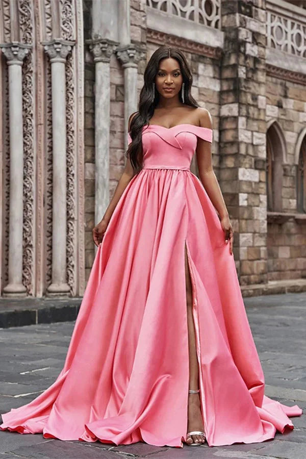 Gorgeous Pink Off-the-Shoulder Long Evening Dress With Split