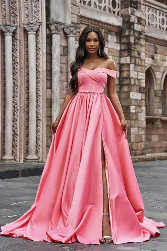 Gorgeous Pink Off-the-Shoulder Long Evening Dress With Split