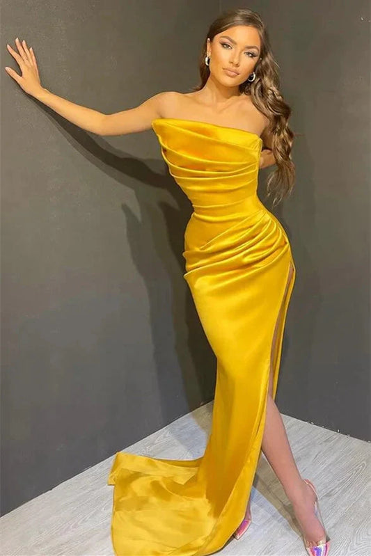 Gorgeous Pleated Strapless Mermaid Yellow Evening Dress Split Long