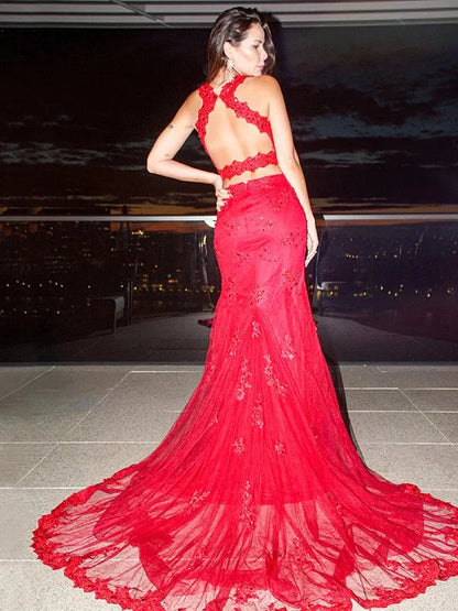 Gorgeous Red Sleeveless Mermaid Evening Dress Lace Appliques With Split