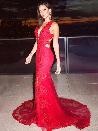 Gorgeous Red Sleeveless Mermaid Evening Dress Lace Appliques With Split
