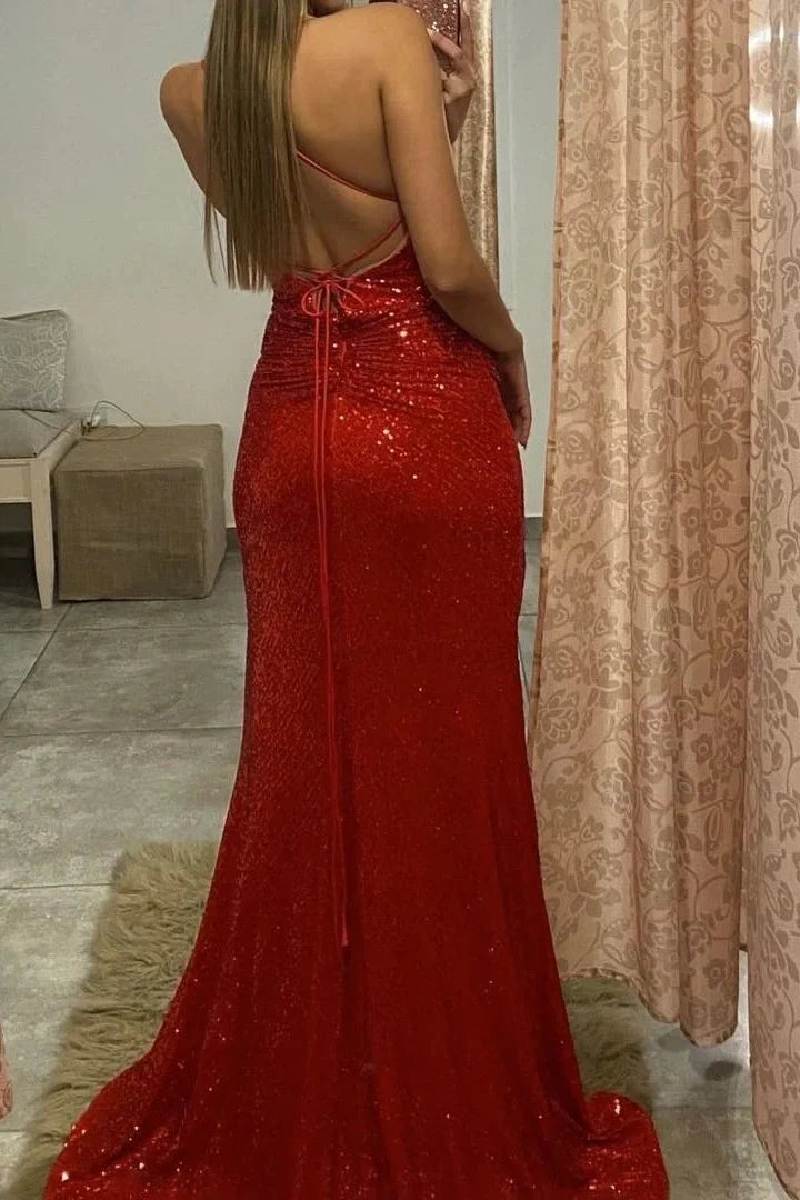 Gorgeous Red Spaghetti-Straps Sequins Mermaid Evening Dress V-Neck With Split