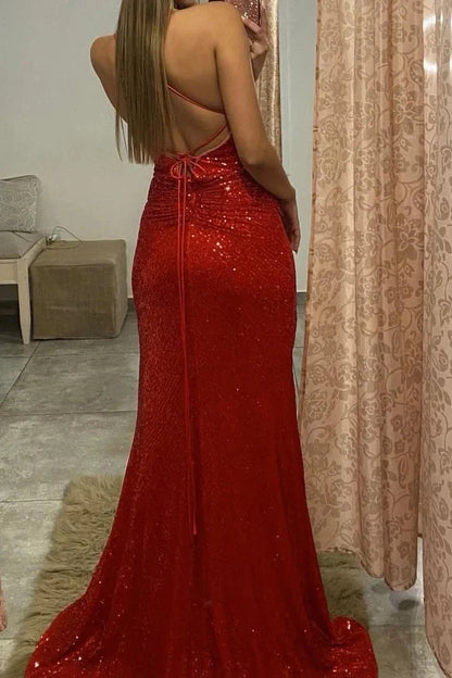Gorgeous Red Spaghetti-Straps Sequins Mermaid Evening Dress V-Neck With Split