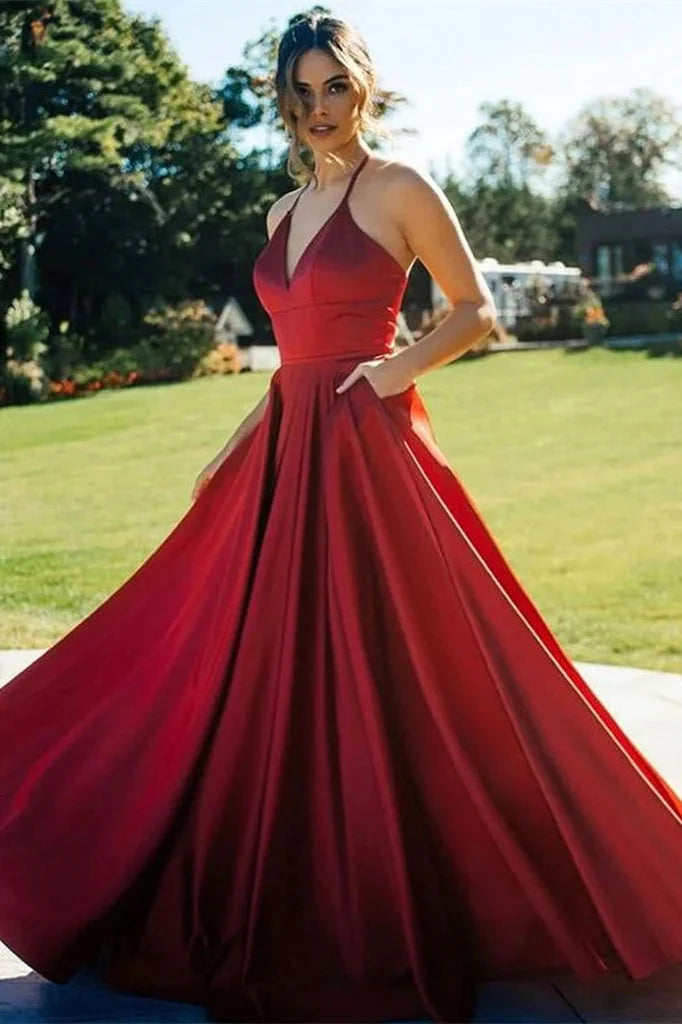 Gorgeous Red V-Neck Sleeveless Evening Dress WIth Pockets