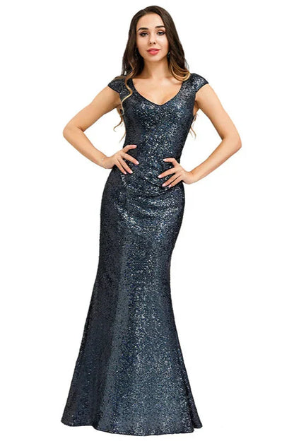 Gorgeous Sequins Cap Sleeve Prom Dresses Mermaid Long Evening Party Gowns