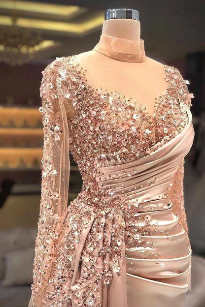 Gorgeous Sheer High Neck Evening Dress Mermaid Long Sleeves With Sequins Beads