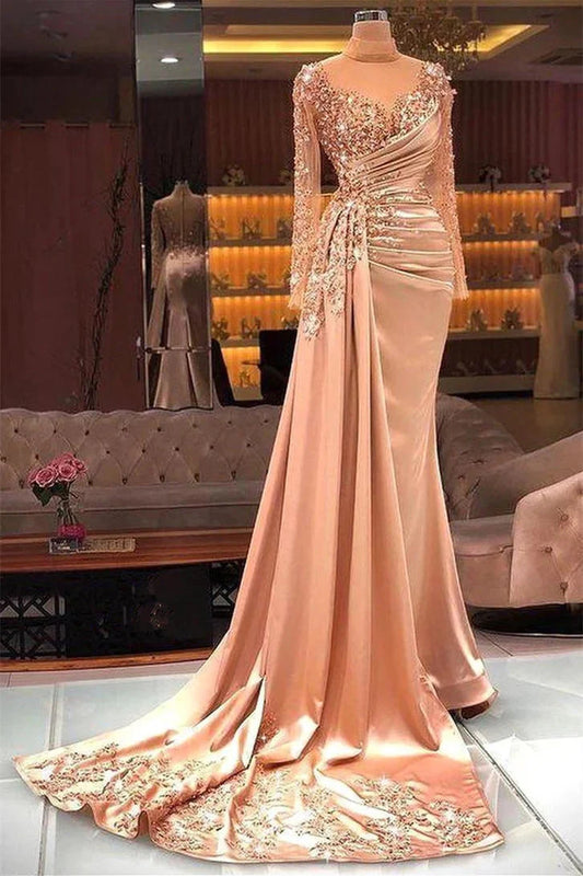 Gorgeous Sheer High Neck Evening Dress Mermaid Long Sleeves With Sequins Beads