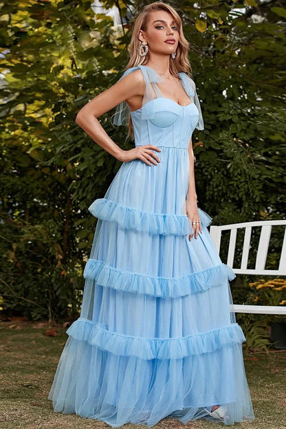 Gorgeous Sky Blue Straps Sweetheart Evening Dress Long Tulle Layered