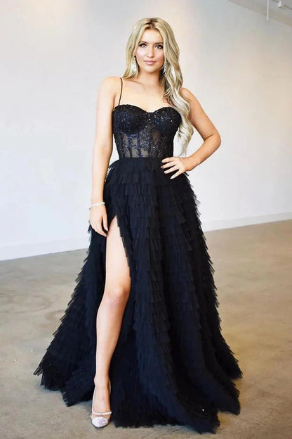 Gorgeous Spaghetti-Straps Black Evening Dress Split Tulle Layers With Appliques