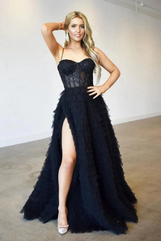 Gorgeous Spaghetti-Straps Black Evening Dress Split Tulle Layers With Appliques