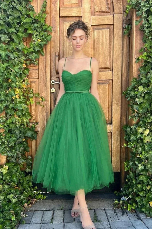 Gorgeous Spaghetti-Straps Green Evening Dress Tulle Sleeveless Knee Length