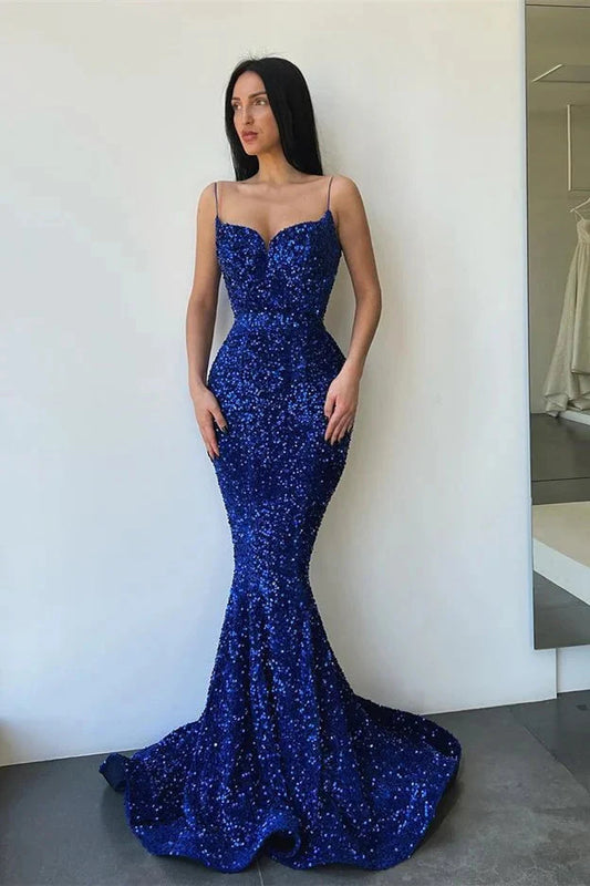 Gorgeous Spaghetti-Straps Royal Blue Evening Dress Mermaid With Sequins