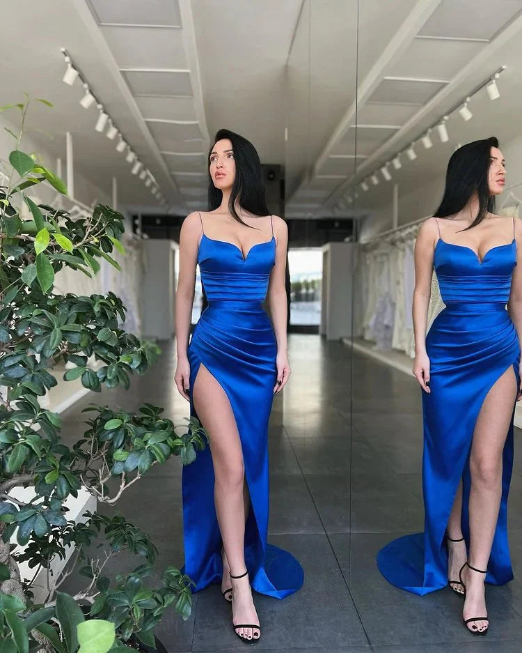 Gorgeous Spaghetti-Straps Royal Blue evening Dress Mermaid With Slit