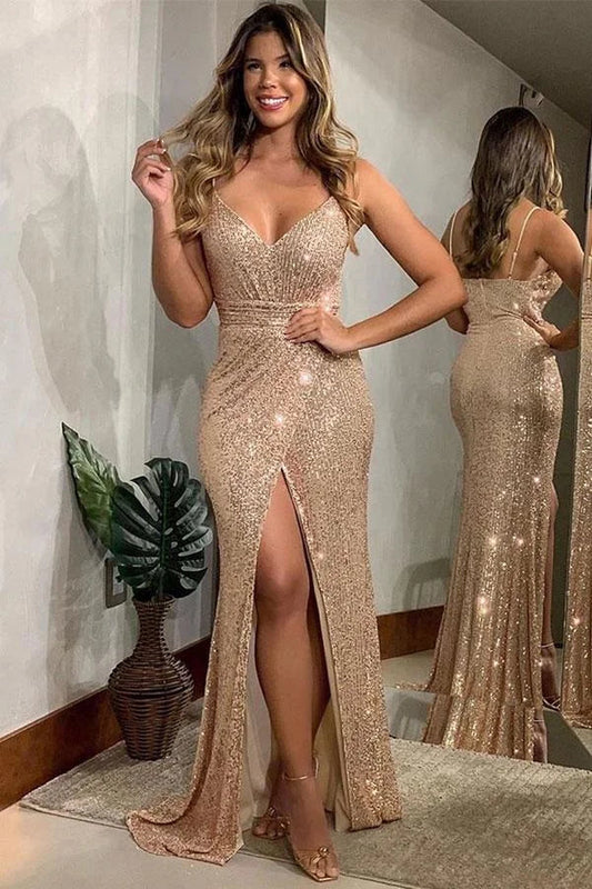 Gorgeous Spaghetti-Straps Sequins Long Evening Dress With Slit
