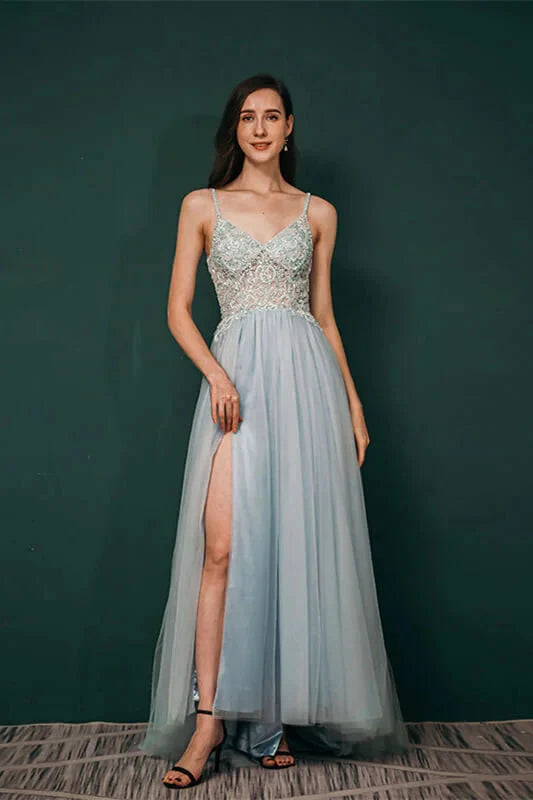 Gorgeous Spaghetti-Straps Tulle Evening Dress Long Split Open Back With Lace Appliques