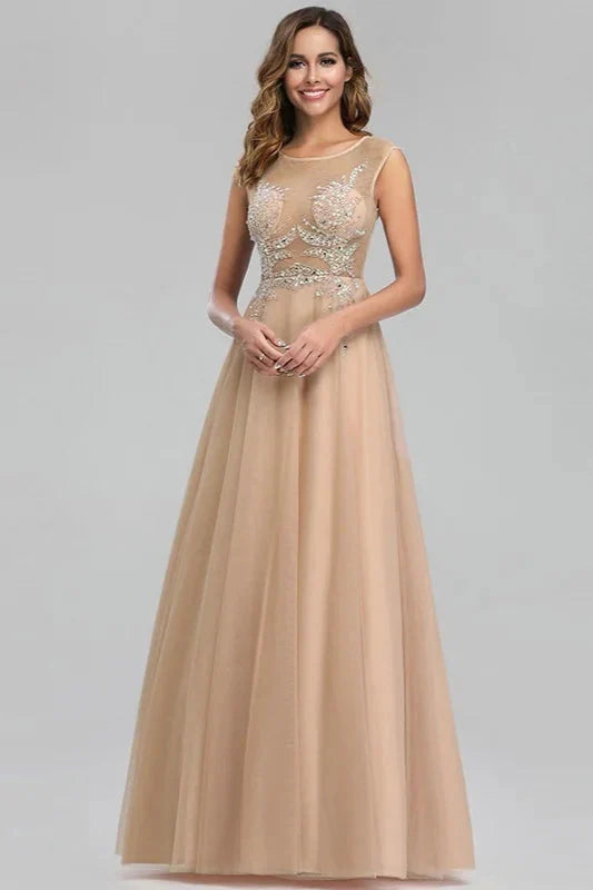 Gorgeous Tulle Prom Dresses Scoop Long Evening Gowns With Crystals