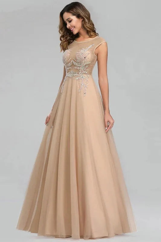 Gorgeous Tulle Prom Dresses Scoop Long Evening Gowns With Crystals