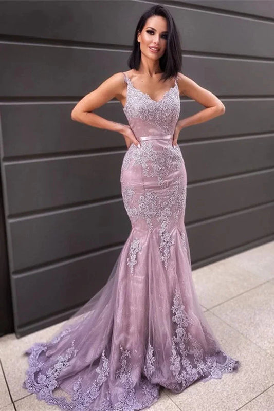 Gorgeous V-Neck Sleeveless Lace Appliques Mermaid Evening Dress Long