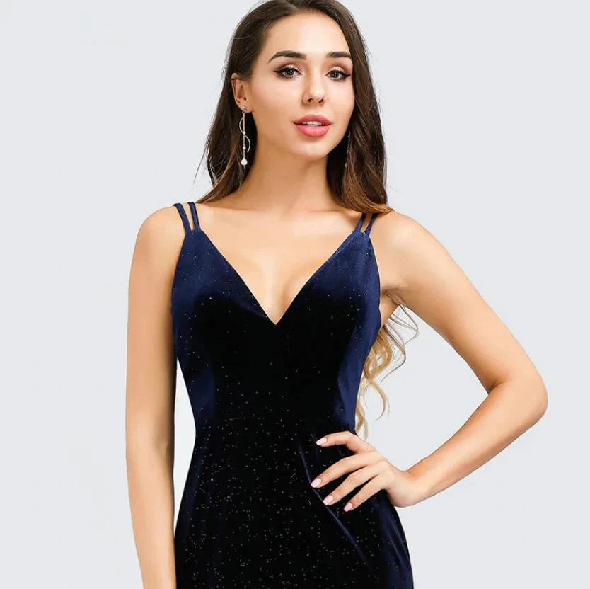 Gorgeous V-Neck Velvet Evening Gowns Mermaid Long Prom Dress