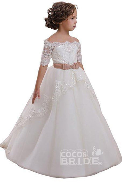 Gorgeous White Ball Gown for Girls with 1/2 Sleeves and Lace Detail