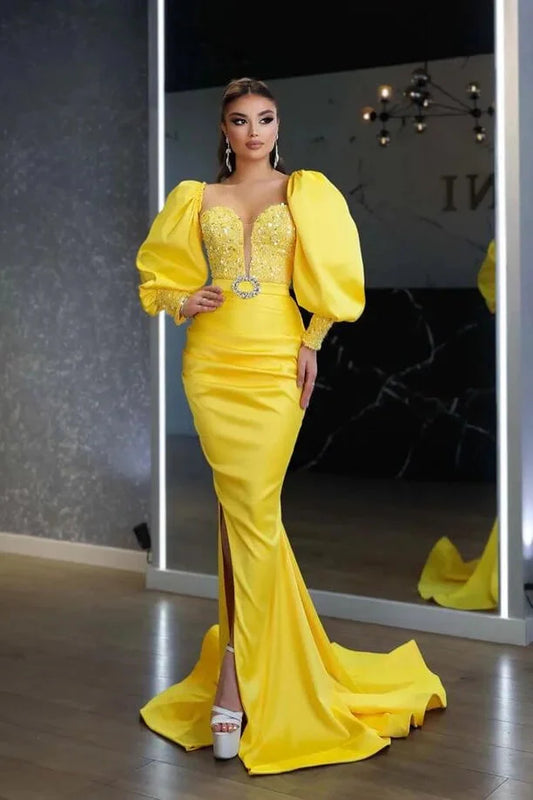 Gorgeous Yellow Long Sleeves Mermaid Evening Dress Split With Seuqins Beads